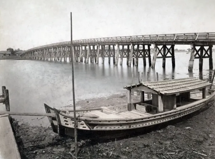 Framed Print : Wooden boat and bridge, Japan, c. 1880 s Framed Print : Wooden boat and bridge, Japan, c. 1880 s
