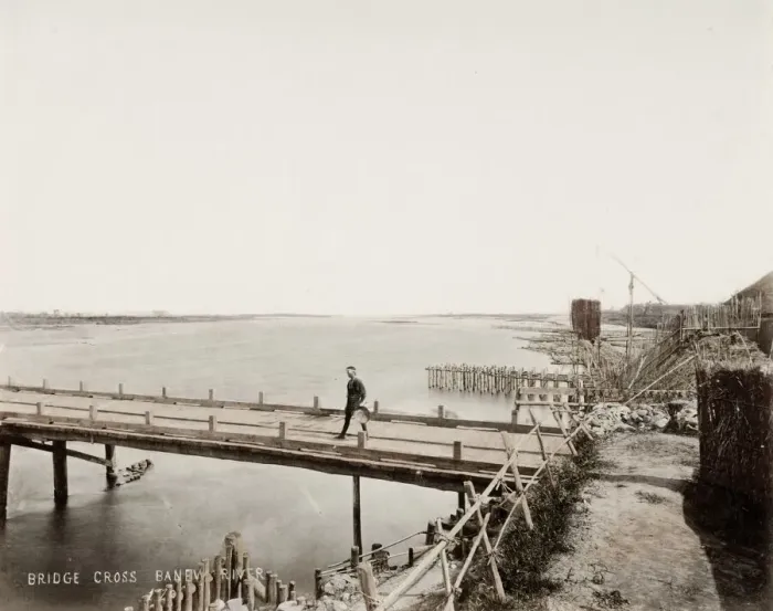 Framed Print : Wooden bridge across a wide river, Japan Framed Print : Wooden bridge across a wide river, Japan