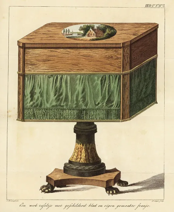 Framed Print : Wooden work table with painted top and homemade fringe Framed Print : Wooden work table with painted top and homemade fringe