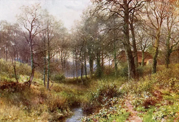 Framed Print : Woods near Haslemere, Surrey, with a stream running through and farm buildings nearby Framed Print : Woods near Haslemere, Surrey, with a stream running through and farm buildings nearby
