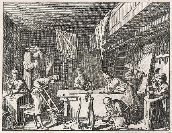 Woodworking 18th C. Cabinet makers at work in a workshop, using various tools