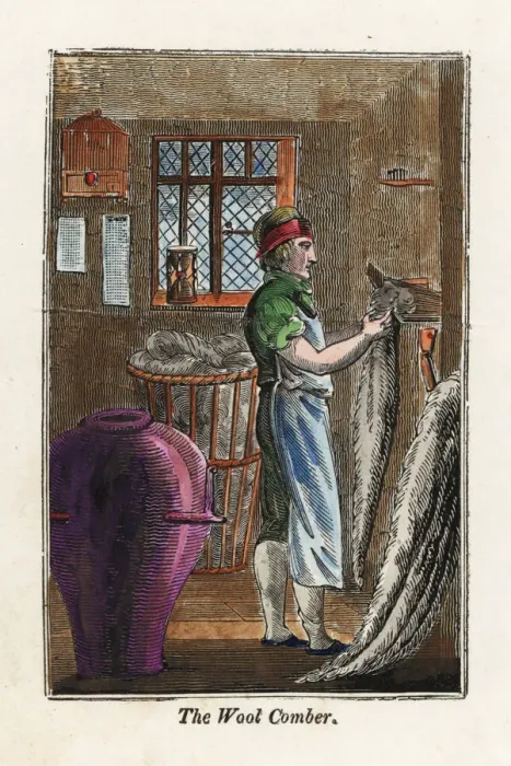 Framed Print : Wool-comber combing out wool remove short fibres Framed Print : Wool-comber combing out wool remove short fibres