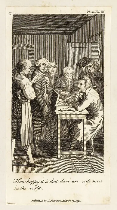 Framed Print : A wool manufacturer paying his employees, 18th century Framed Print : A wool manufacturer paying his employees, 18th century