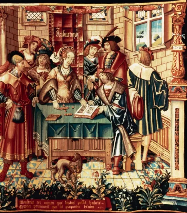 Framed Print : Wool and silk tapestry depicting a banker making a loan tra