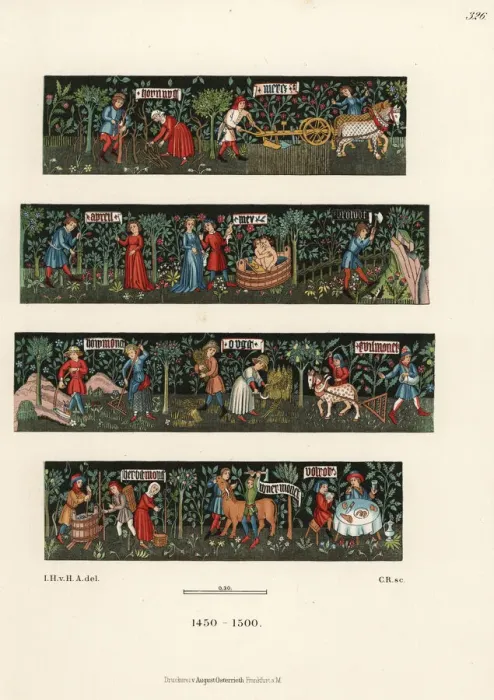 Framed Print : Wool tapestry of rural pursuits from the 15th century Framed Print : Wool tapestry of rural pursuits from the 15th century