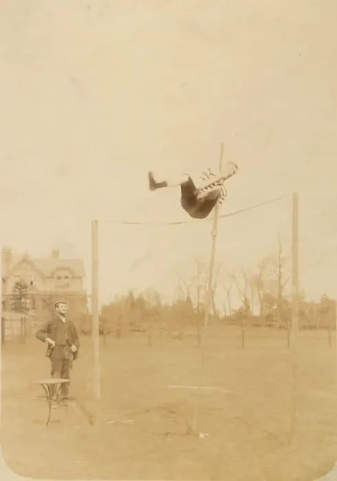 Framed Print : Woolfe family of The Clough, Hale, Bucklow, Cheshire - pole vaulter. Date: 1889 Framed Print : Woolfe family of The Clough, Hale, Bucklow, Cheshire - pole vaulter. Date: 1889