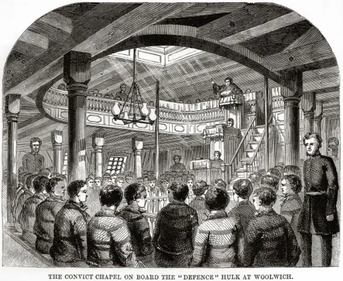 Framed Print : Woolwich hulks - convicts chapel onboard Defence Framed Print : Woolwich hulks - convicts chapel onboard Defence
