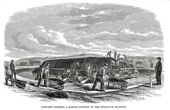 Framed Print : Woolwich hulks - convicts form mortar battery Framed Print : Woolwich hulks - convicts form mortar battery