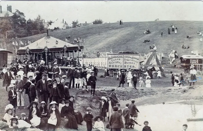 Framed Print : Worcester Steeplechase Fair day with carousel & crowd Framed Print : Worcester Steeplechase Fair day with carousel & crowd
