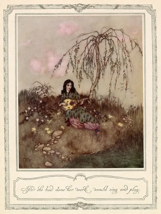 Framed Print : After she had done her work, would sing and play'. Scene from Beauty and the Beast illustrated by Edmund Dulac. Date: 1911 Framed Print : After she had done her work, would sing and play'. Scene from Beauty and the Beast illustrated by Edmund Dulac. Date: 1911