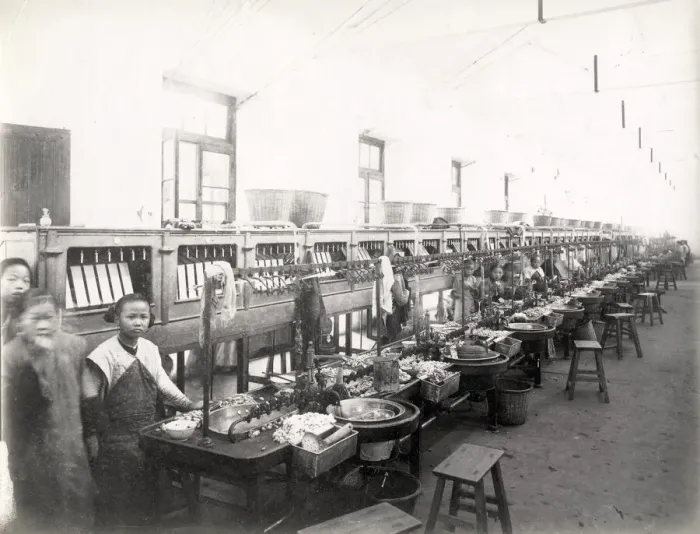 Framed Print : Work stations in a Silk factory, China Framed Print : Work stations in a Silk factory, China