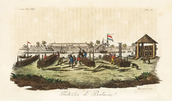 Framed Print : Workers building the Dutch fortress at Batavia Framed Print : Workers building the Dutch fortress at Batavia