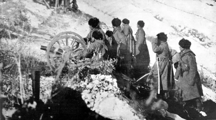 Framed Print : Working a Russian mountain gun in the snow, in Western Poland Framed Print : Working a Russian mountain gun in the snow, in Western Poland