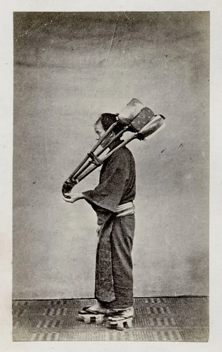 Framed Print : Workman carrying implements, tools, Japan Framed Print : Workman carrying implements, tools, Japan