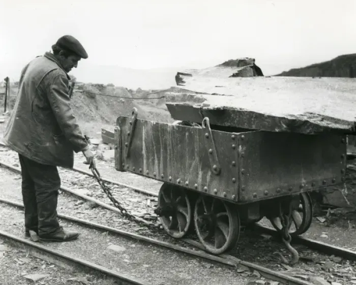 Framed Print : Workman with slate quarry tram, North Wales Framed Print : Workman with slate quarry tram, North Wales