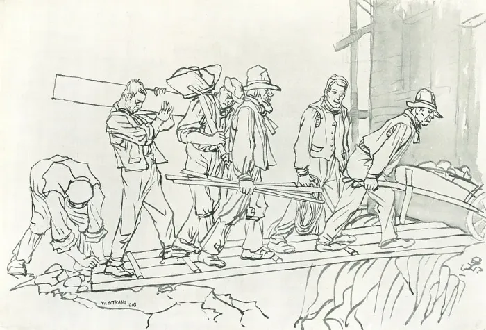 Framed Print : Workmen. An illustration which shows a procession of workmen crossing a Framed Print : Workmen. An illustration which shows a procession of workmen crossing a