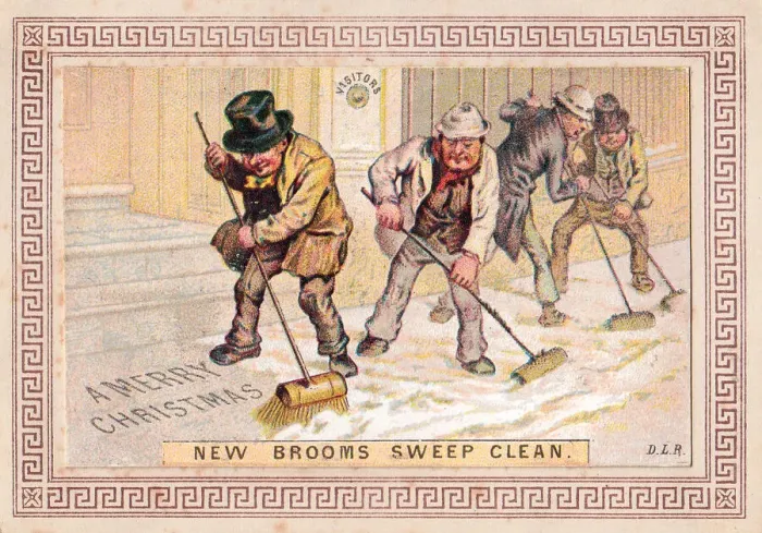 Framed Print : Workmen sweeping snow on a Christmas card Framed Print : Workmen sweeping snow on a Christmas card