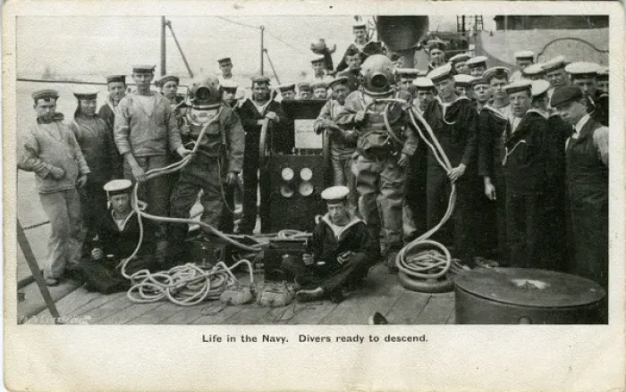 Framed Print : World War One Diving from Navy Boat, Britain Framed Print : World War One Diving from Navy Boat, Britain