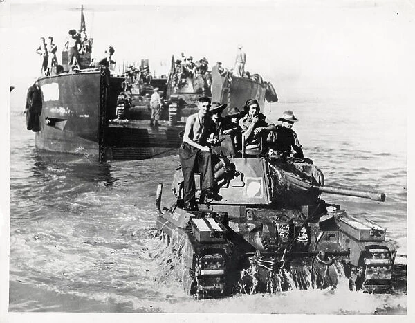 World War II tank coming ashore, western front c. 1944