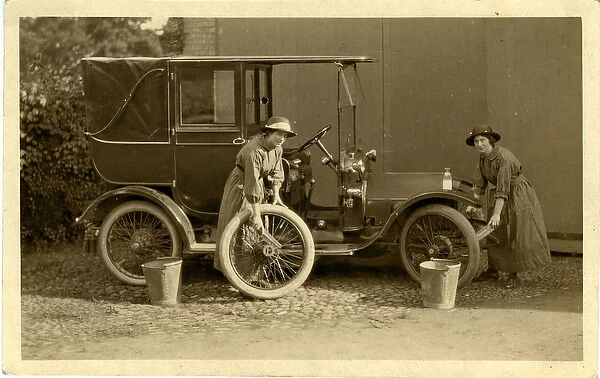 World War One Women Washing Vintage Car  /  Landaulet