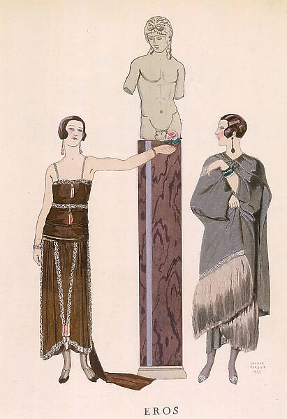 Worth designs: Grey mantle with a heavy border of fur; dress with a train, narrow straps, uneven hemline & tassels or pendant motifs on the bodice & skirt. Date: 1924