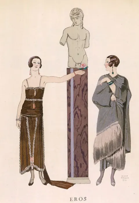Framed Print : Worth designs: Grey mantle with a heavy border of fur; dress with a train, narrow straps, uneven hemline & tassels or pendant motifs on the bodice & skirt. Date: 1924 Framed Print : Worth designs: Grey mantle with a heavy border of fur; dress with a train, narrow straps, uneven hemline & tassels or pendant motifs on the bodice & skirt. Date: 1924