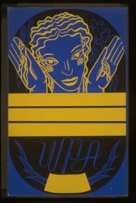 Framed Print : WPA poster design on blue background showing the head and ha Framed Print : WPA poster design on blue background showing the head and ha