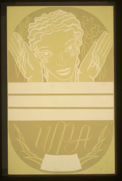 Framed Print : WPA poster design showing the head and hands of a woman hold Framed Print : WPA poster design showing the head and hands of a woman hold