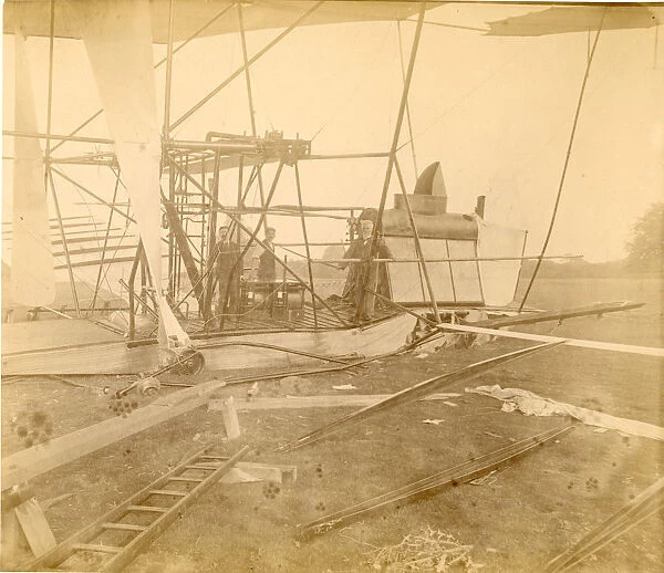Wreck of Sir Hiram Maxim?s steam-driven aeroplane. Note?