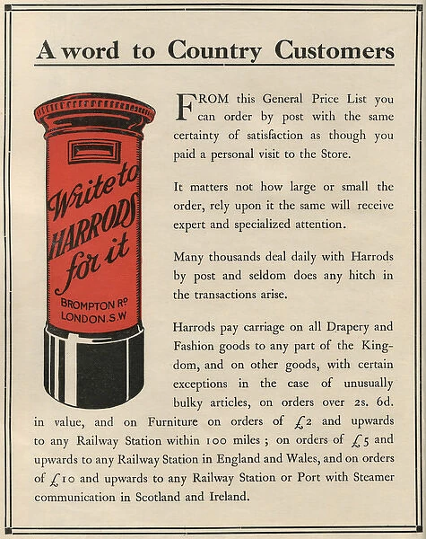 Write to Harrods for it, 1909