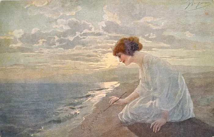 Framed Print : She writes Sempre (always) in the sand - but the next tide will wash her thought away Date: circa 1900 Framed Print : She writes Sempre (always) in the sand - but the next tide will wash her thought away Date: circa 1900