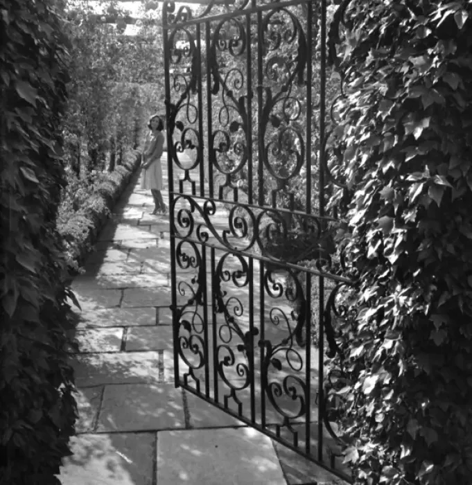 Framed Print : Wrought iron gate in a garden