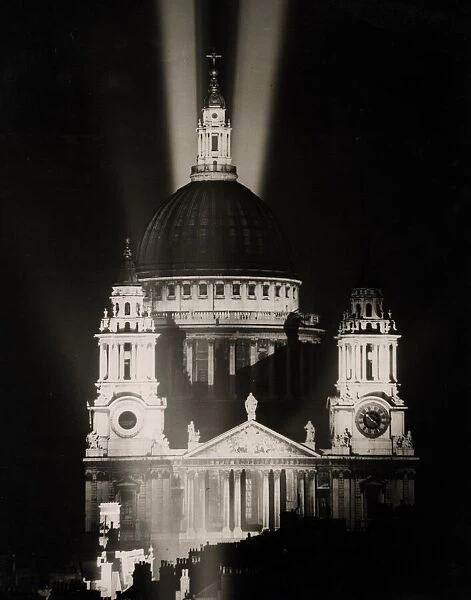 WW II 1945 St Pauls Cathedral, London, lit up on VE night