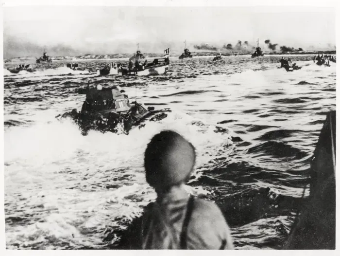 Framed Print : WW II amphibious tanks approach Aguni Jima Pacific Framed Print : WW II amphibious tanks approach Aguni Jima Pacific