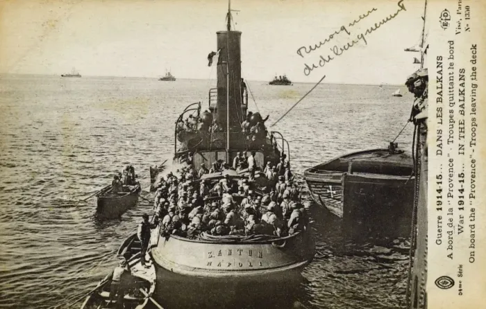 Framed Print : WW1 - Balkans - French troops leave the Provence on a tug Framed Print : WW1 - Balkans - French troops leave the Provence on a tug