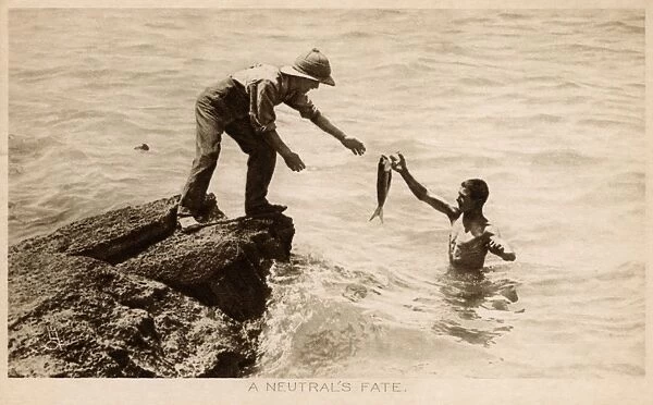 WW1 - British soldiers land fish killed by shell Dardanelles