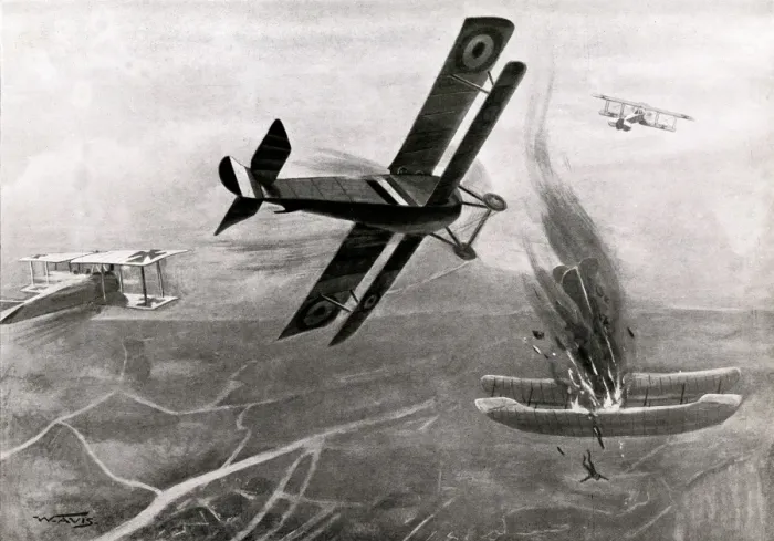 Framed Print : WW1 - Captain Hawker takes on three Germans in the air Framed Print : WW1 - Captain Hawker takes on three Germans in the air