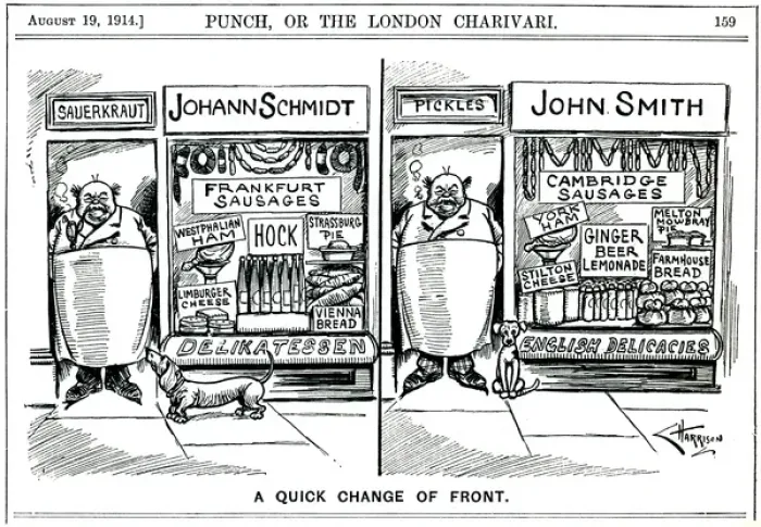 Framed Print : WW1 - Cartoon - German tradesman in England adapts to war Framed Print : WW1 - Cartoon - German tradesman in England adapts to war