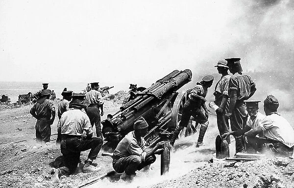 WW1 English artillery firing at a Turkish Fort