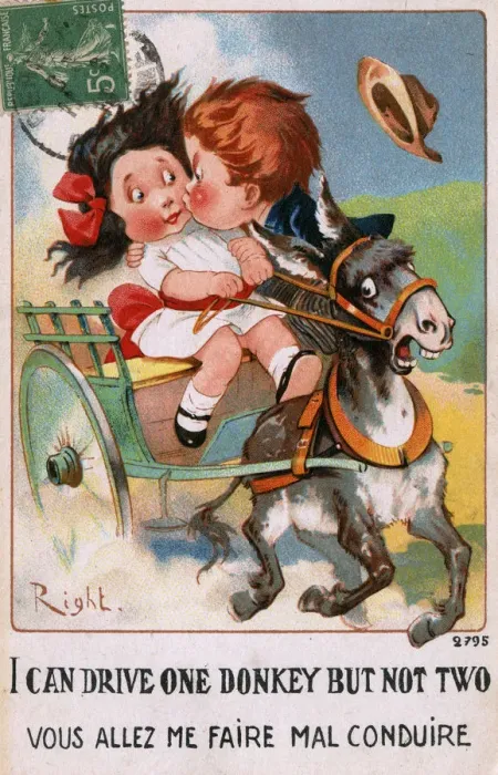 Framed Print : WW1 era Comic Postcard - Boy leans in for a kiss Framed Print : WW1 era Comic Postcard - Boy leans in for a kiss