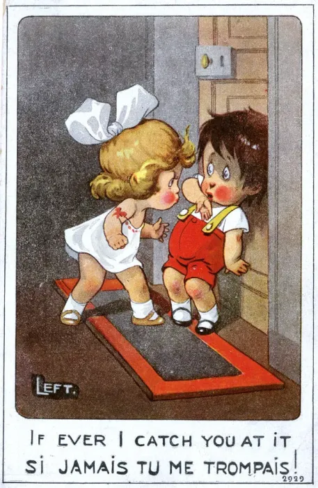 Framed Print : WW1 era Comic Postcard - Little girl threatens her boy Framed Print : WW1 era Comic Postcard - Little girl threatens her boy