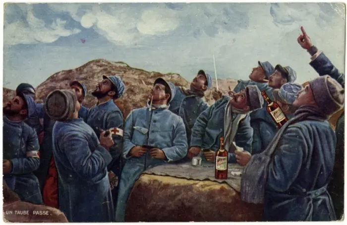 Framed Print : WW1 - French troops watch a German Taube Aircraft pass over Framed Print : WW1 - French troops watch a German Taube Aircraft pass over