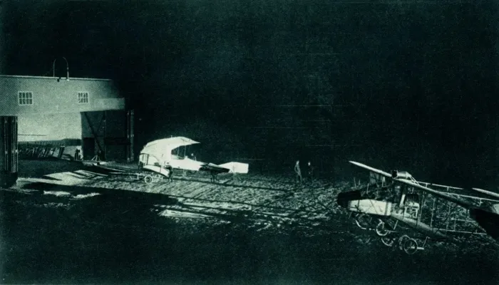 Framed Print : WW1 - German airfield lit up by searchlights Framed Print : WW1 - German airfield lit up by searchlights