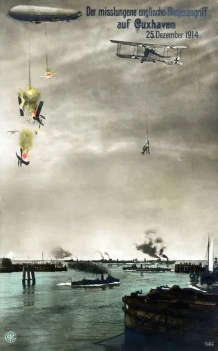 Framed Print : WW1 - A German propaganda view (unlike this image, the crews of all seven aircraft Framed Print : WW1 - A German propaganda view (unlike this image, the crews of all seven aircraft