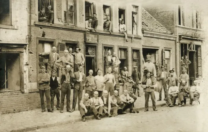 Framed Print : WW1 - German soldiers pose on a battle-scarred French street Framed Print : WW1 - German soldiers pose on a battle-scarred French street