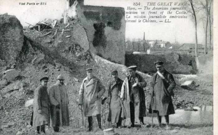 Framed Print : WW1 - US Journalists in front of Ruined Castle of Ham, Somme Framed Print : WW1 - US Journalists in front of Ruined Castle of Ham, Somme
