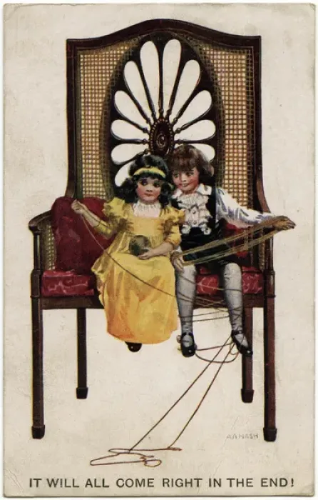 Framed Print : WW1 - Two little seated children playing with a ball of wool Framed Print : WW1 - Two little seated children playing with a ball of wool