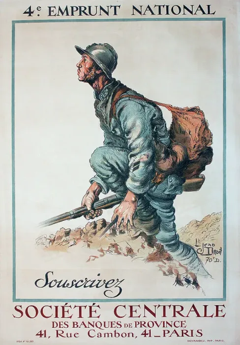 Framed Print : WW1 poster, 4e Emprunt National - Souscrivez (4th National War Loan - Subscribe) - Societe Centrale des Banques de Province, Rue Cambon, Paris. Date: circa 1916 Framed Print : WW1 poster, 4e Emprunt National - Souscrivez (4th National War Loan - Subscribe) - Societe Centrale des Banques de Province, Rue Cambon, Paris. Date: circa 1916