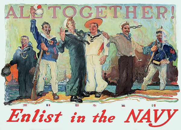 WW1 poster, Enlist in the Navy, All Together - Allied sailors of six nationalities