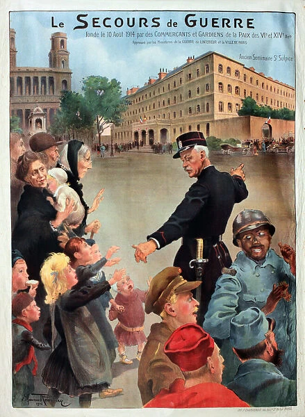 WW1 poster, Le Secours de Guerre (relief agency for war victims), showing a gendarme
